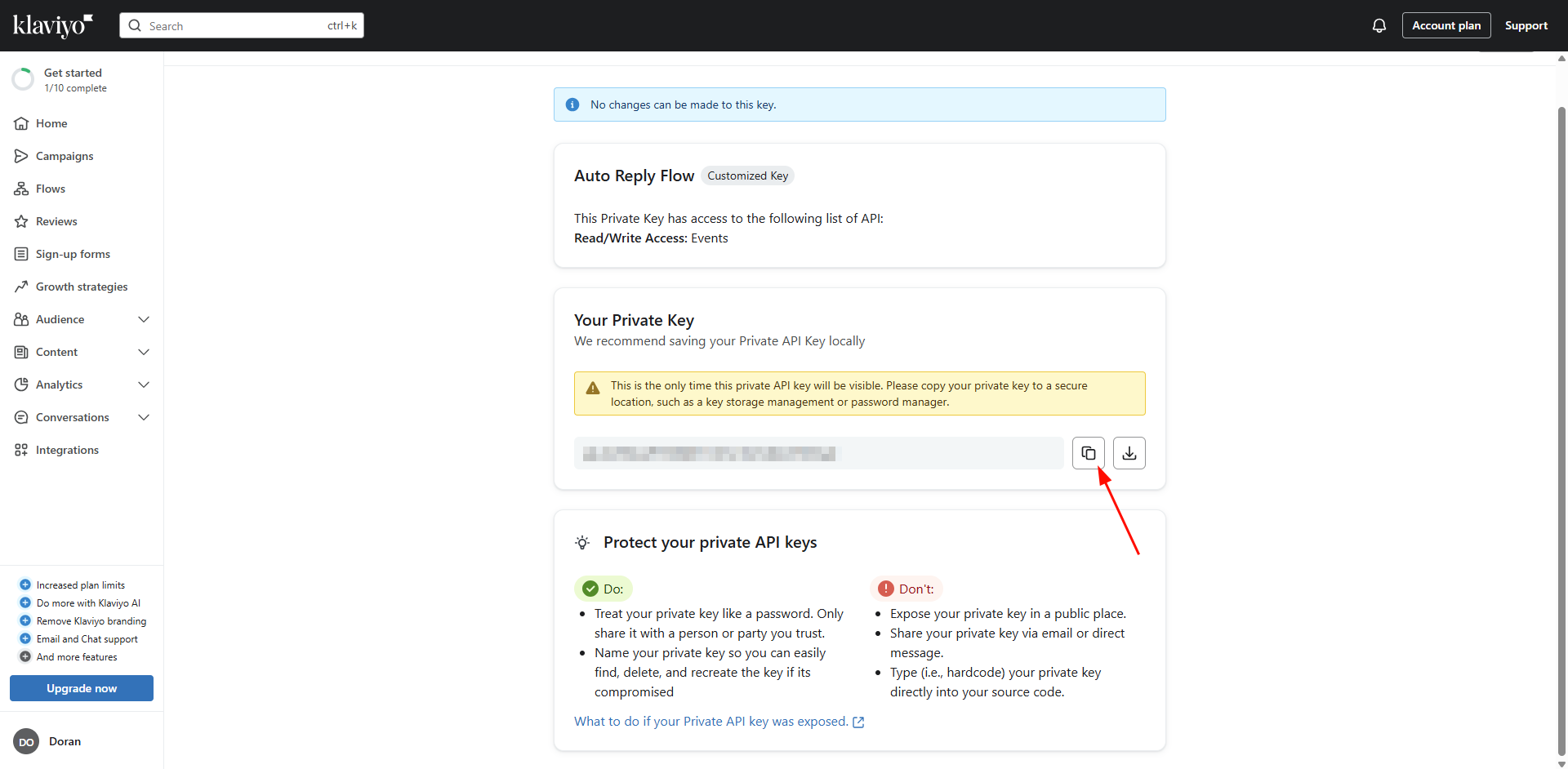 Copy Klaviyo API key
