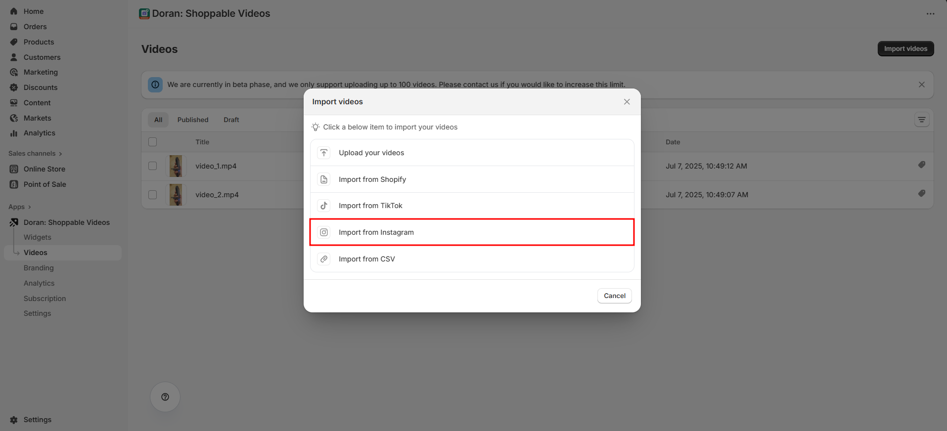 Go to Import videos from Instagram